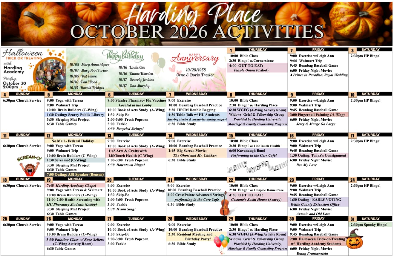 Harding Place October 2026 Activities